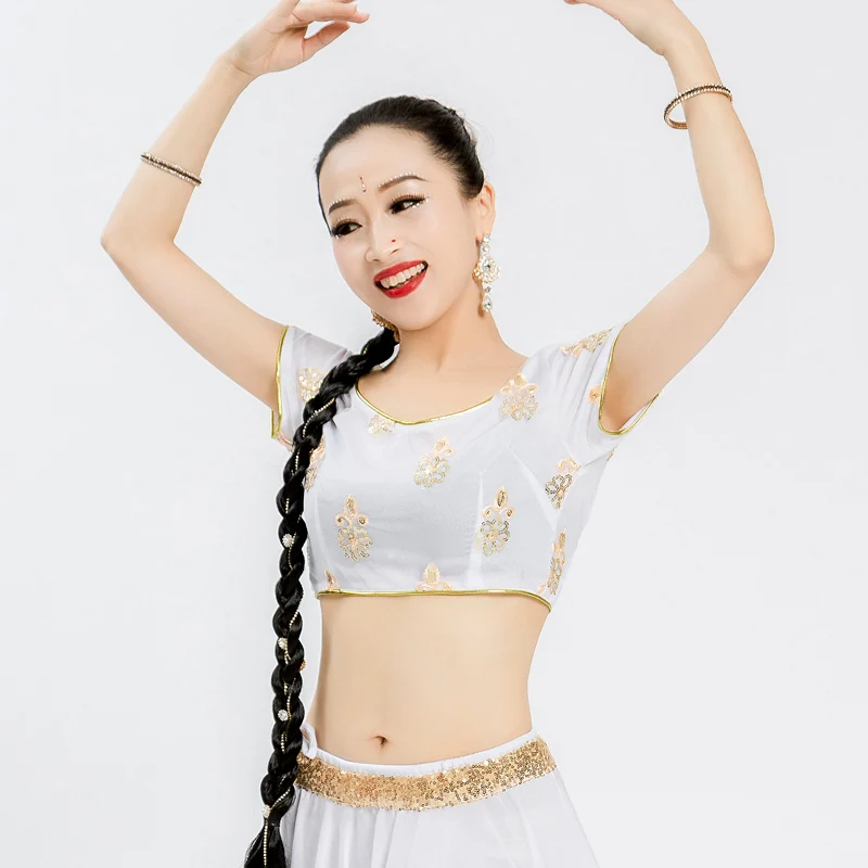 India Clothing New Embroidery Short Sleeve Tops For Women Oriental Dance Shirt Belly Dance Stage Performance Clothes DQL6078