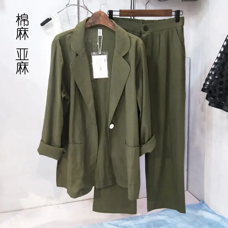 Thin Style Blazer And Pants For Women Large Size Cotton And Linen Female Summer Casual Nine-Point Pants Wide-Leg Linen Suit K376