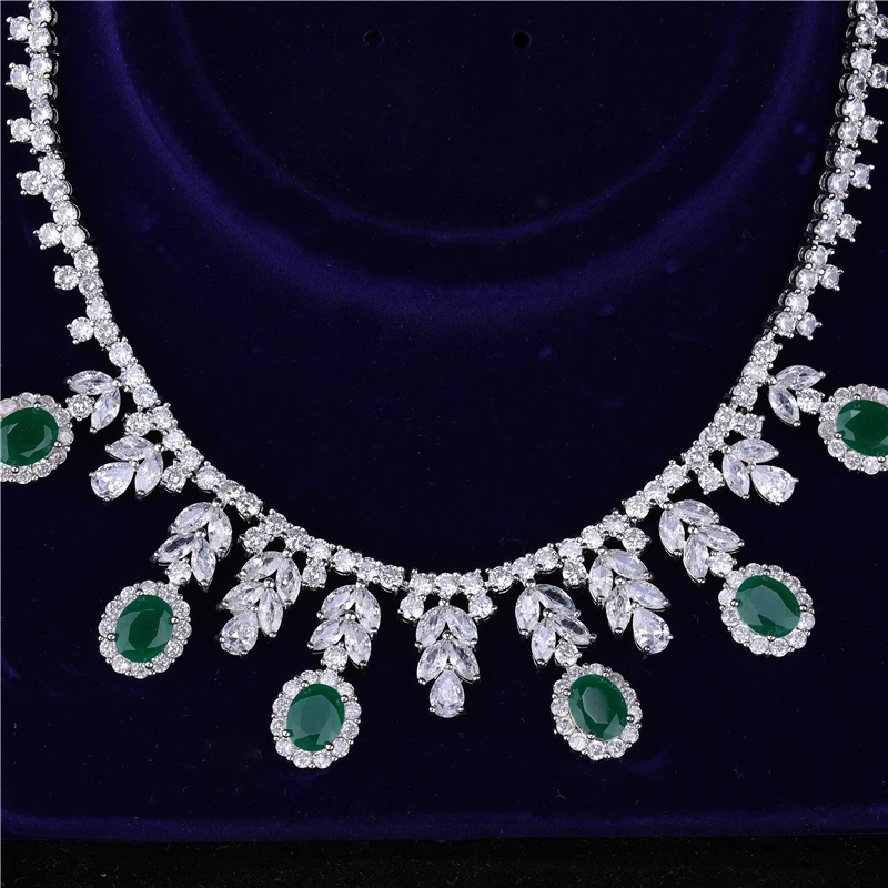 HUAMI Luxury Jewelry Women Bridal Wedding Costume Elegant Girl Trendy Green Color Water Drop Earring Pendant Necklace Set Gift