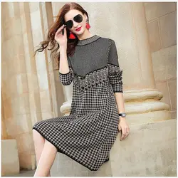 Women Black Bird Lattice Midi Dress Autumn Winter Thick Warm Korean Vintage Casual Sweaters 2024 Elegant Bodycon Coat Sweaters