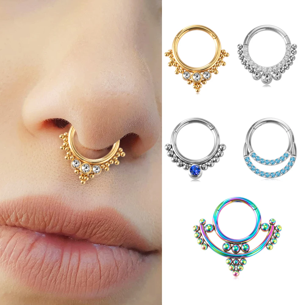 1PC Surgical Steel Nose Ring Cartilage Earring Zircon CZ Cluster Beaded Hinged Septum Rings Clicker Septum Piercing Body Jewelry