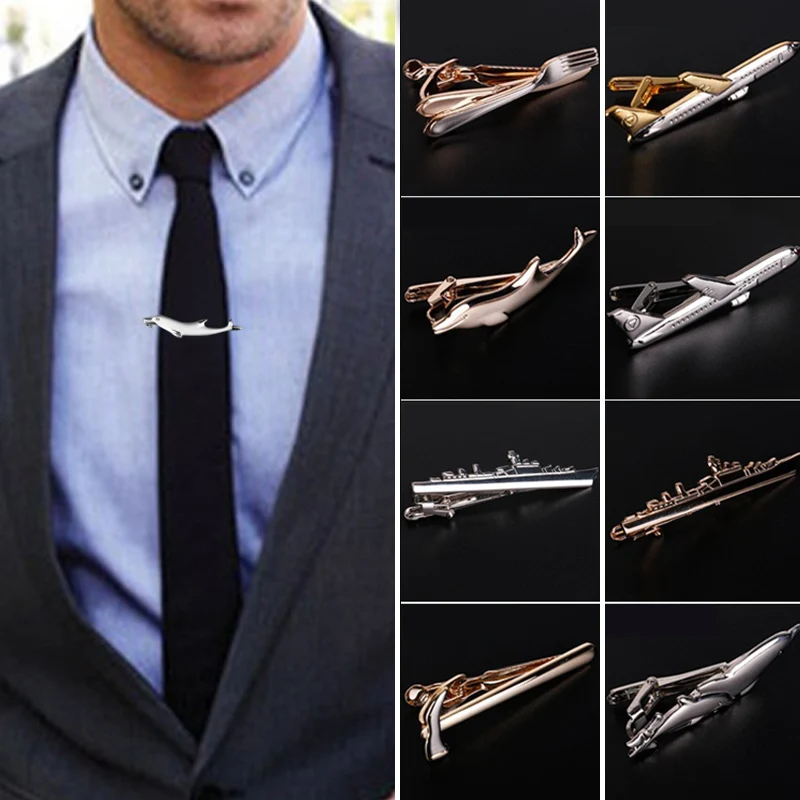 Men Trendy Tie Clips Cufflinks Metal Steamship Dolphin Airplane Tableware Tie Bar Wedding Party Jewelry Pin Clip Clasp Gifts