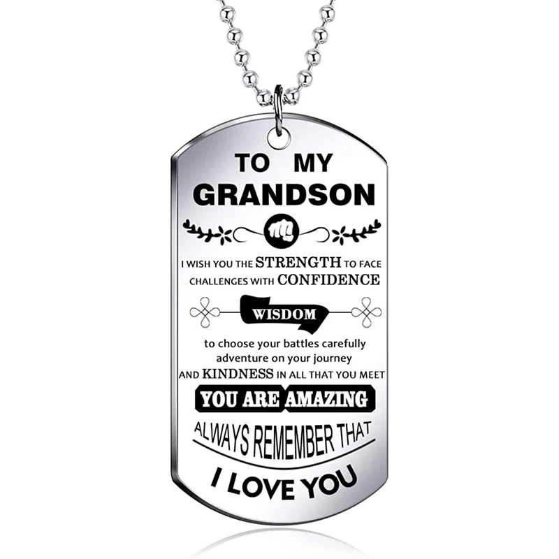 Meaningful Dog Tag Necklace for Boy and Men,to My Grandson from Grandpa and Grandma Stainless Steel Necklace Inspirational Gifts