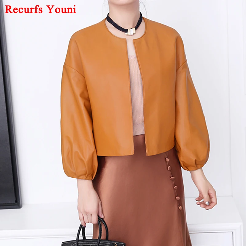 2024 Spring Women Genuine Leather Thin Jacket Female Loose Casual Simple No Button Puff Sleeve Round Neck Coat Chic Mujer Roupas