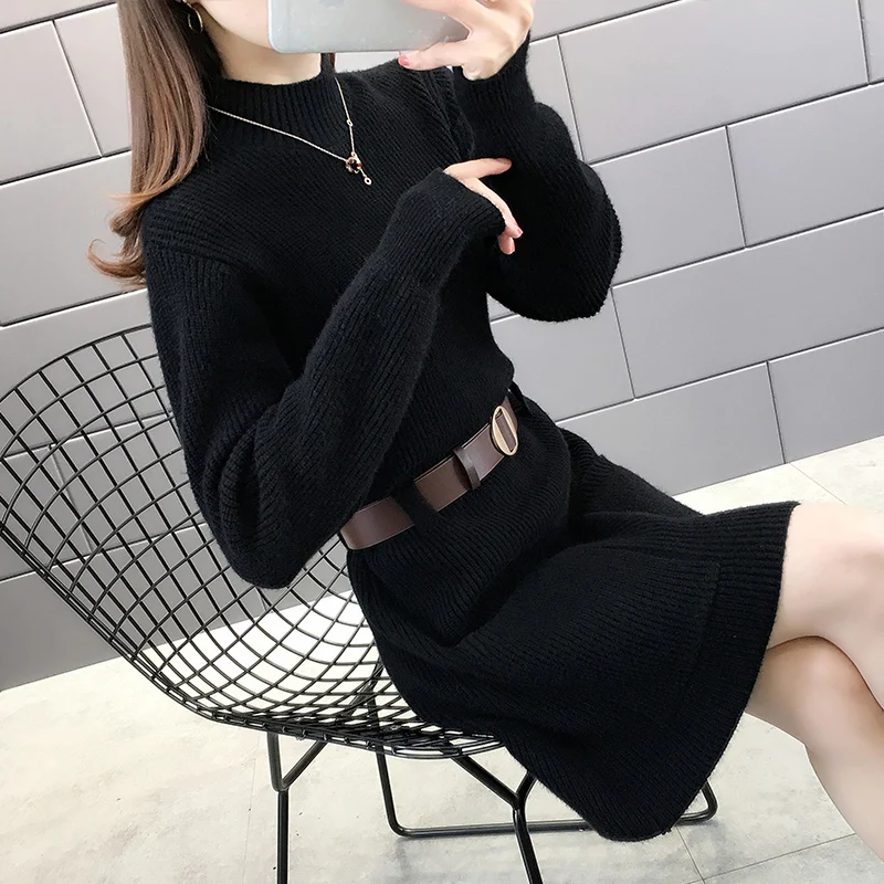 

New Thick Knitt Sweater Dress Women Outer Wear 2023 Autumn Winter Sweater Female Mid-Length Loose Bottoming Shirt