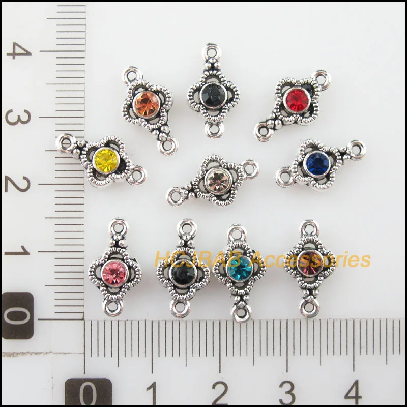 30 New Clover Charms Tibetan Silver Tone Retro Mixed Crystal Connectors 8x15mm