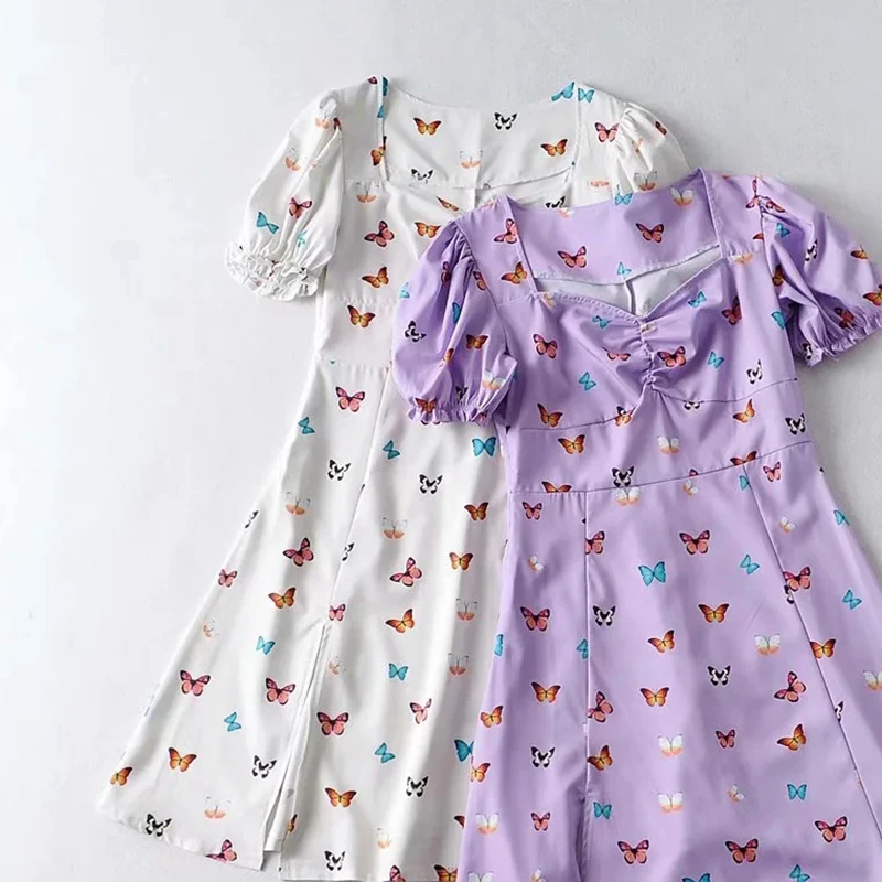 

Korean Fashion Aesthetic Casual Summer Women's Dress 2021 Harajuku Vintage Floral High-waisted Fairycore Mini Dress Cottagecore