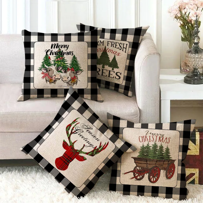 New Design Grey Black Plaid Christmas Pillows Case Sofa Tartan Cushion Case Reindeer/Trees/Car Print Pillows New Year Home Decor