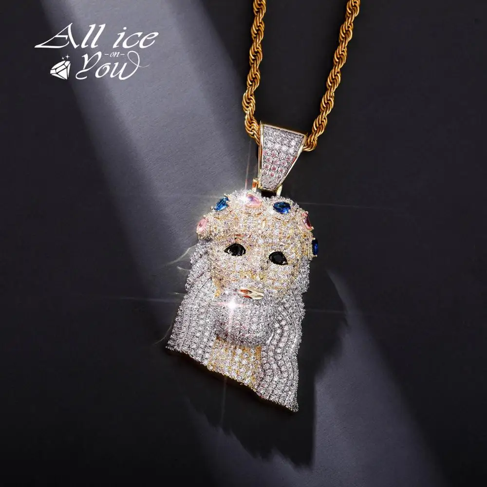 ALLICEONYOU Luxury Colorful High Quality Iced Out Cubic Zirconia Jesus Pendant Necklace Hip Hop Fashion Jewelry Women Gift