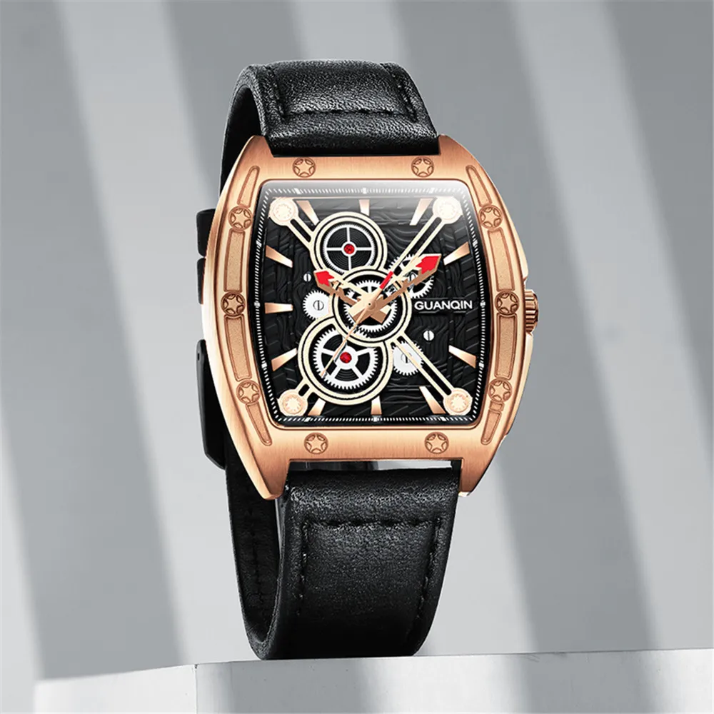 GUANQIN Luxury Quartz Men's Wrist Watch Top Brand Business Sport Gear Cool Clock with Leather Strap Waterproof Wristwatch Man