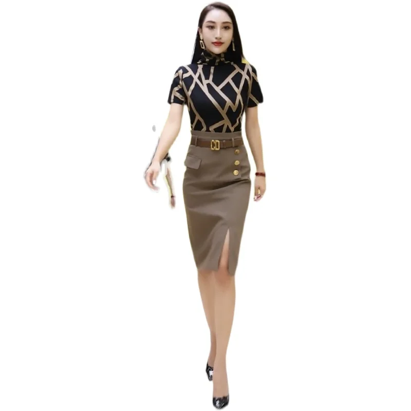 (made by yihaodi) charming women's suit women's 2021 autumn new Korean fashion sexy slim fit split Hip Bag + Plaid short sleeve