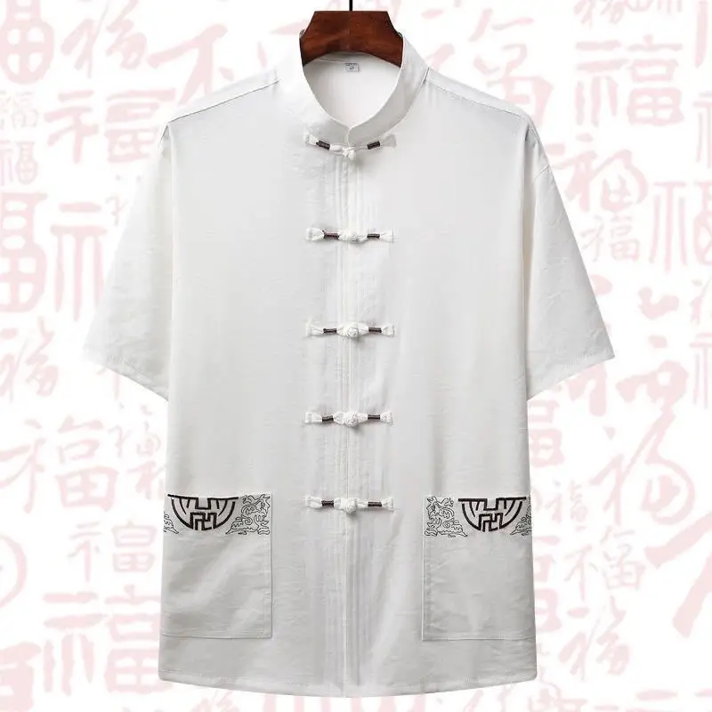 Traditional Chinese Clothing Set for Men Adult Tai Chi Kung Fu Uniforms Linen Short Sleeve Embroidery Casual Chinese Costumes