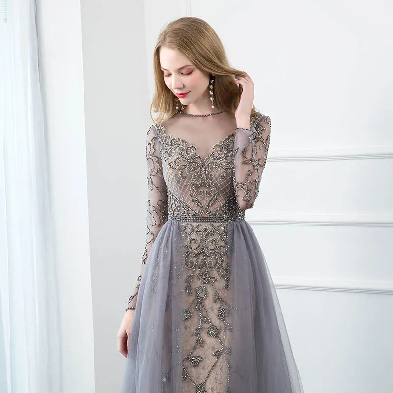 YQLNNE 2024 Long Sleeve Evening Dress Gray Tulle Rhinestones Beaded Evening Gown Formal Women Party Dresses with Nude Lining