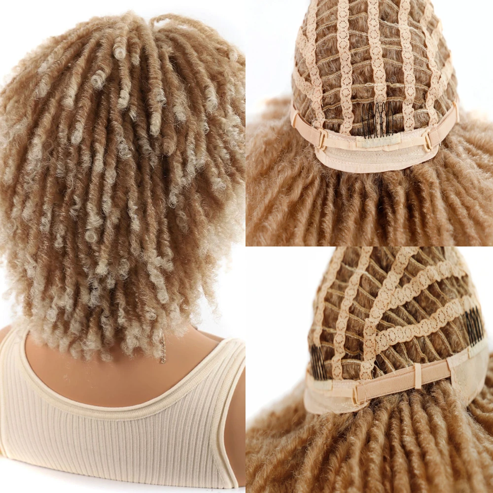 MSIWIGS Women Dreadlock Curly Faux Locs Wig Short Twist Hollow Tube Headgear Afro African