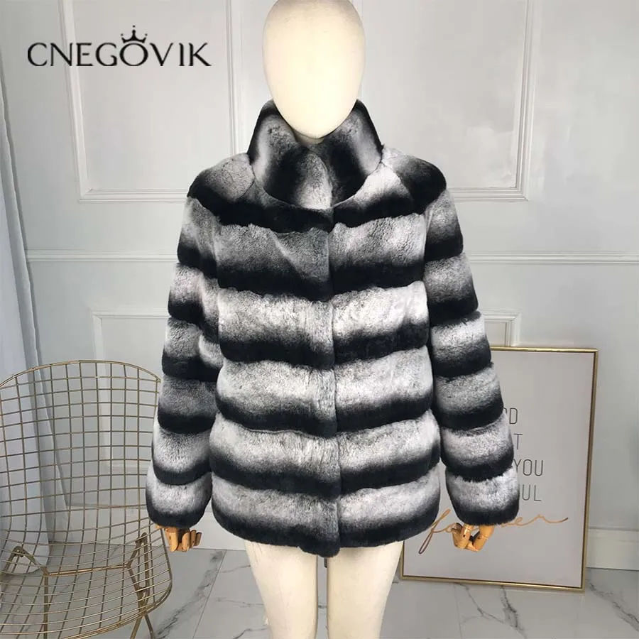 CNEGOVIK New Real Chinchilla Rex Rabbit Fur Coat With hood pattern midum-long style Genuine Rabbit Fur Overcoats Elegant Women