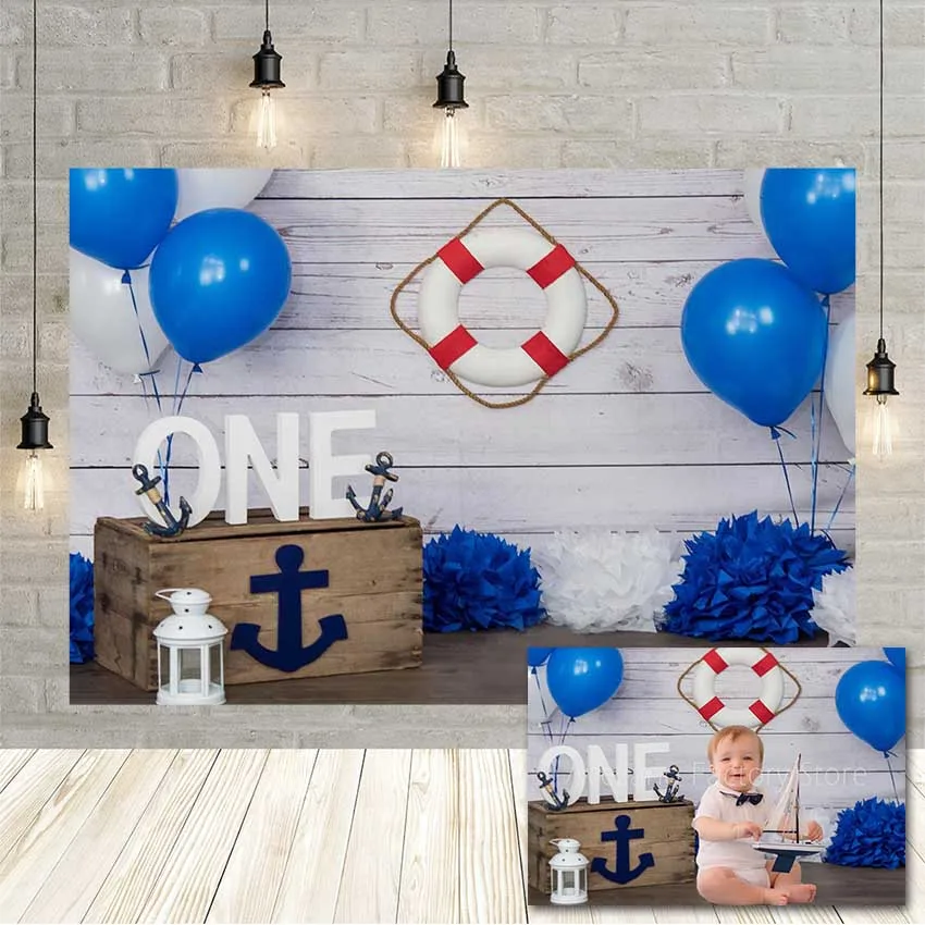 Avezano Newborn Boy Baby 1st Birthday Party Photography Background Blue Balloon White Wood Board Sailig Adventure Backdrop Decor