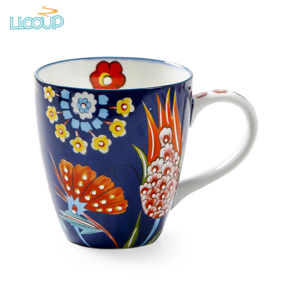 Hand-painted Ceramic Breakfast Cups,  Flower Pattern, Milk, Oatmeal, Coffee Cup, Exquisite White Porcelain Mug, 550ml