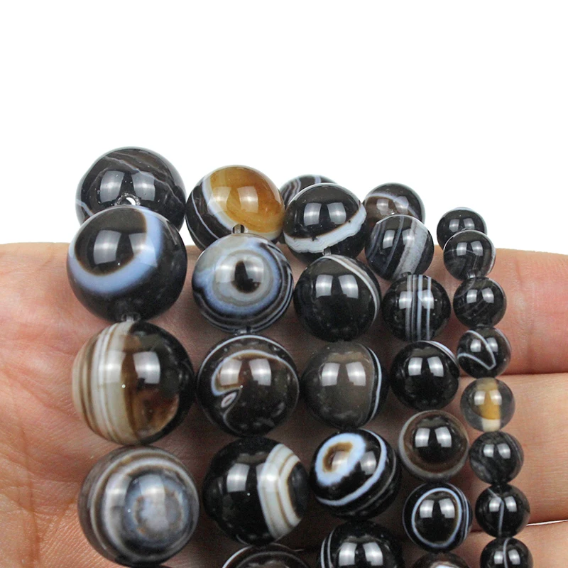 Natural Black White Stripe Agates Stone Round Loose Beads 4 6 8 10 12MM Pick Size For Jewelry Making DIY Bracelet Necklace