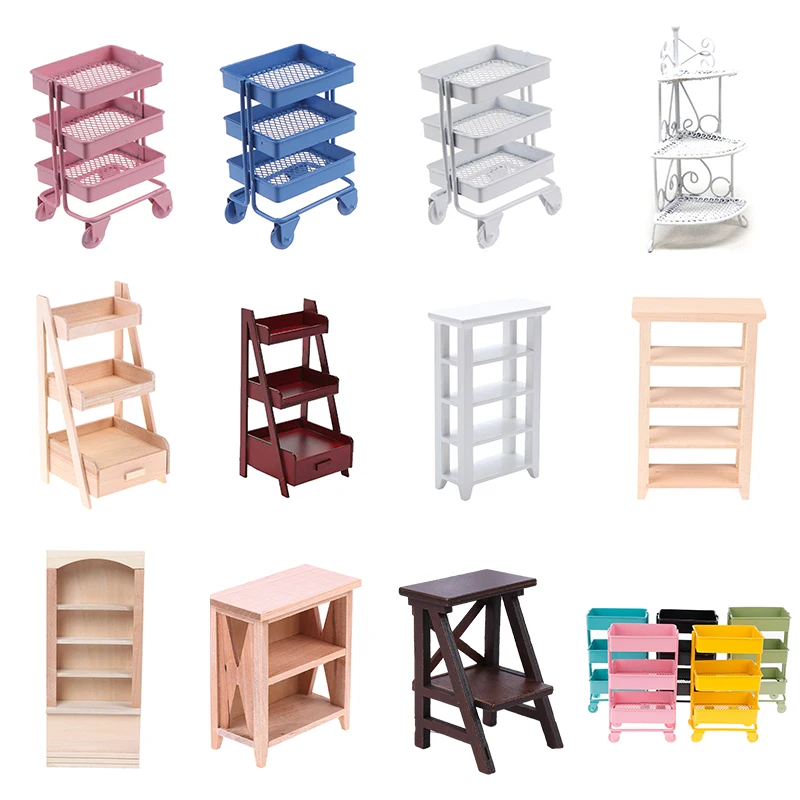 1:6 Dollhouse Miniature Furniture Shelf Bookshelf With Wheels Storage Display Rack Dollhouse Furniture Accessories