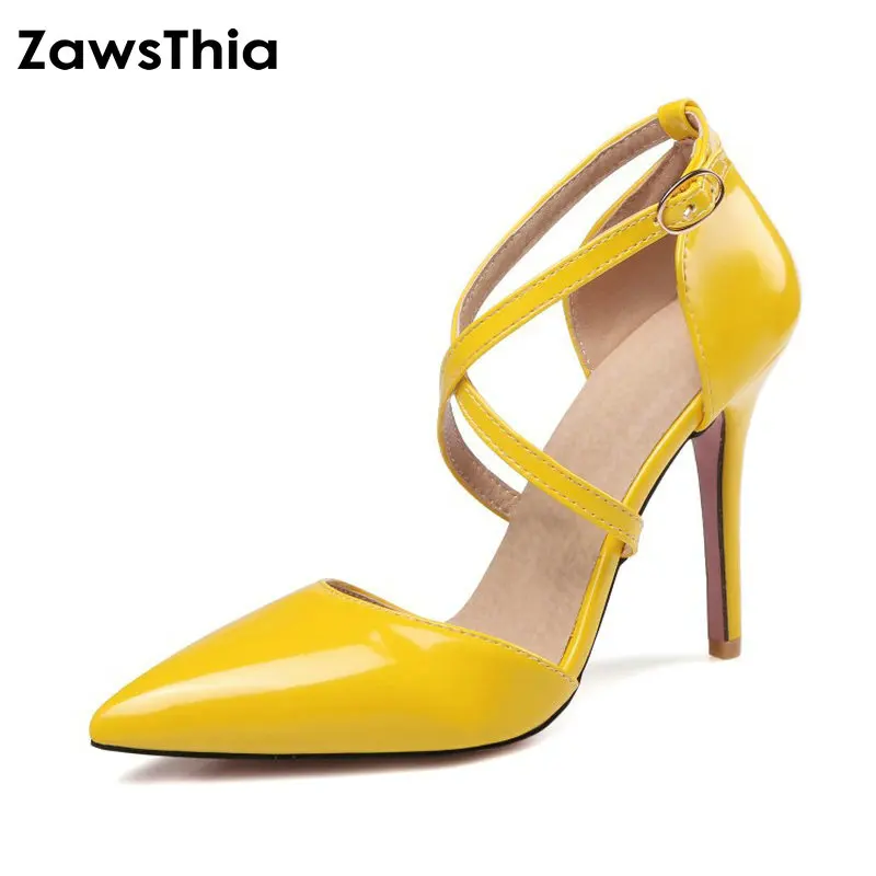 ZawsThia Crossed Strap Shoes Women Pumps Buckle Strap Sexy Thin High Heels Two Piece Heels Pointed Toe Yellow Ladies Shoes 33-47