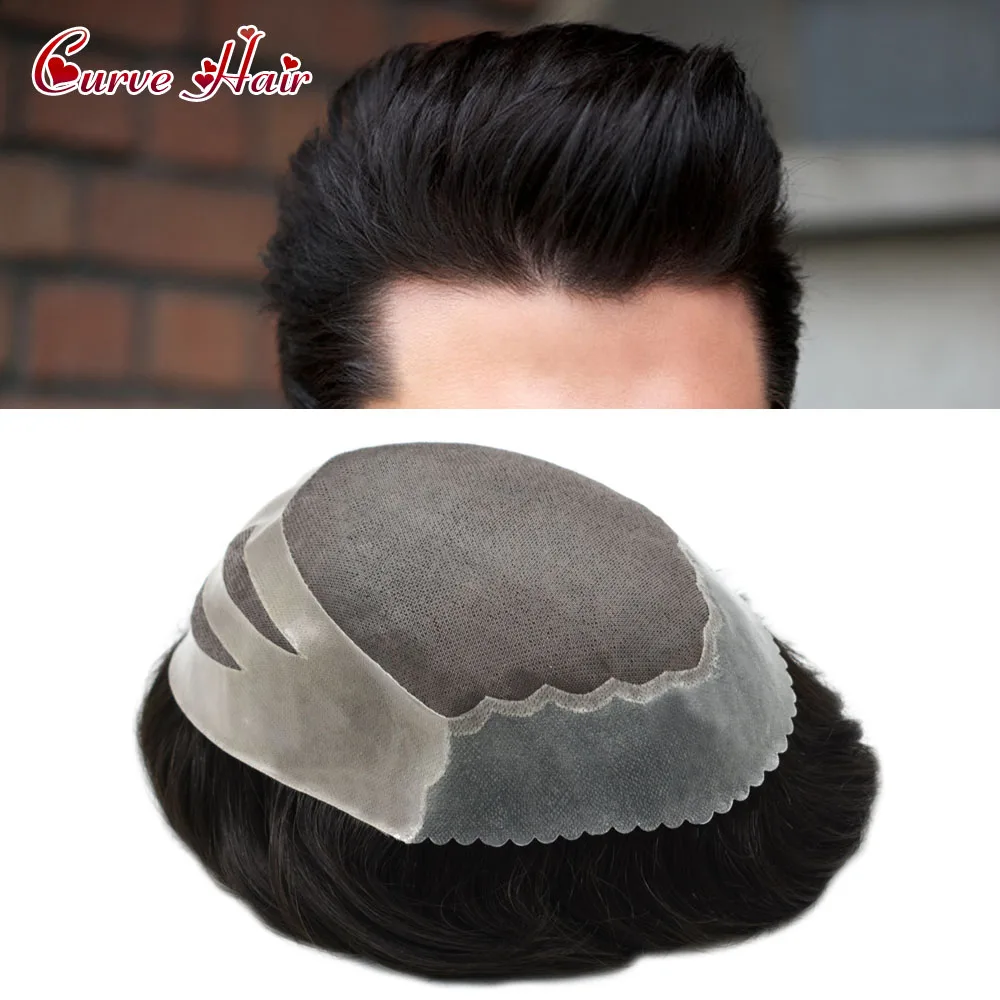 Mens Toupee Fine Mono Indian Off Black Hair Clear Pu Durable Hair System Replacement Hairpieces Comfortable Monofilament Wig