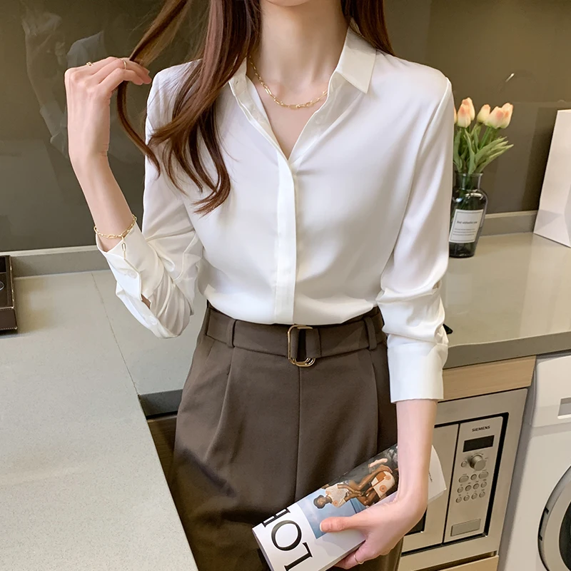 Fashion Rayon Satin Silk Shirt Vintage Blouse Women White Office Lady Long Sleeves Female Loose Street OL Shirts Autumn 2023