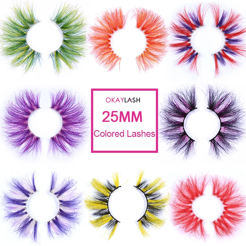 OKAYLASH 25mm 27mm Newest Style Long Siberian Dramatic Colored Rainbow Eyelashes for Party Makeup Holiday with Wholesale Price