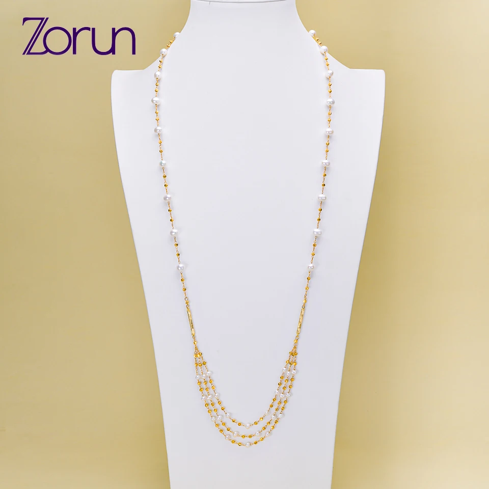 

Zorun Real Natural Freshwater White Pearl Sweater Chain Handmade Necklace Fine Jewelry Magnetic Clasp for Women New Design