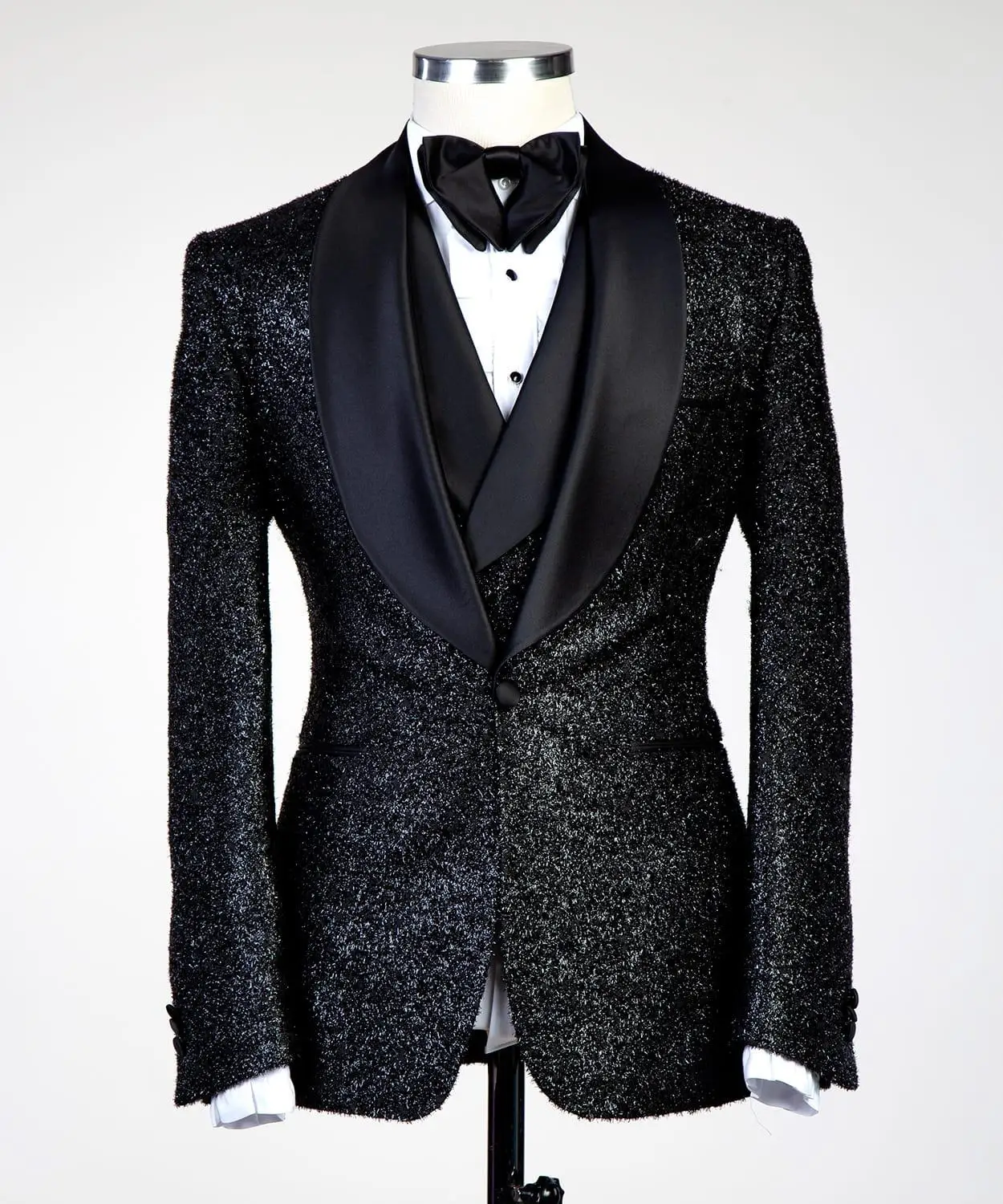 Glitter เลื่อมสีดำ Mens เจ้าบ่าวชุดแต่งงาน Blazer Tuxedos อย่างเป็นทางการพรหมกางเกงเสื้อแจ็คเก็ต3ชิ้น