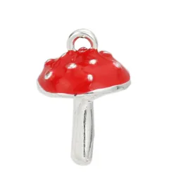 5 PCs 3D Red Enamel Mushroom Pendants Zinc Based Alloy Charms Silver Color For Women DIY Making Necklace Jewelry 17mm x 11mm