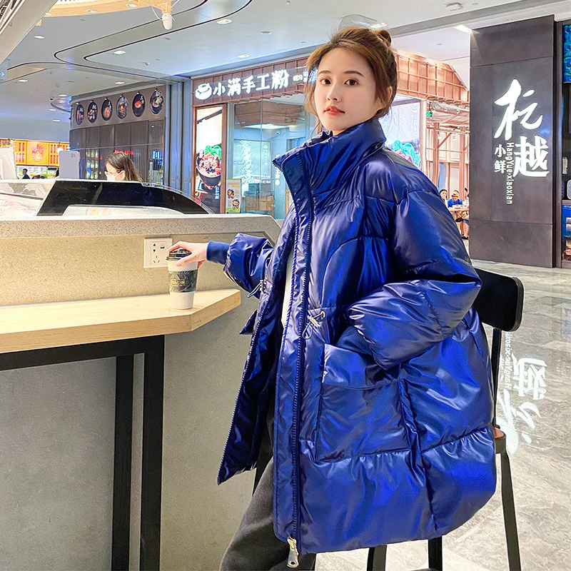 

Long Parkas Female Winter Stand Collar Oversized Shiny Women's Jackets Fad Solid Thick Big Pockets Loose Casual Overcoat Female