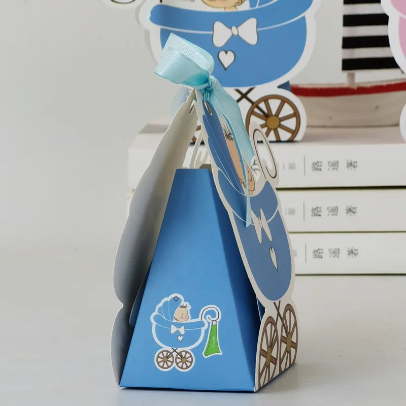 50pcs Pink Girl Blue Boy Paper Baby Carriage Candy Box Kids Gift Box Favor Box Baby Shower Birthday  Party Decoration Supplies