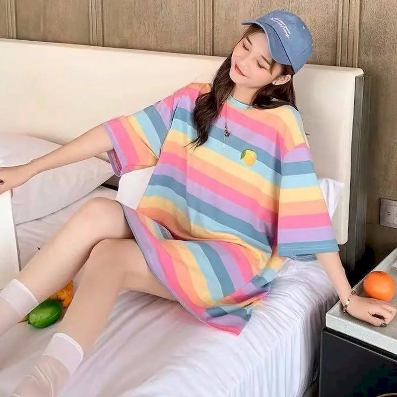 Rainbow Stripes Niche T-shirt Women Short-sleeved Loose Mid-length T-shirt Womens Clothes Kawaii Cute T Shirt Ins 2024 Summer