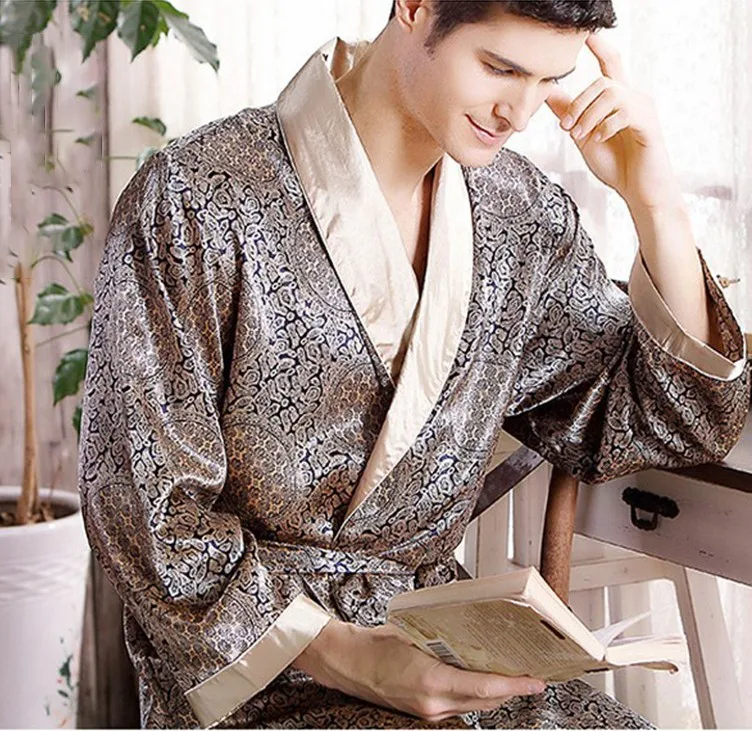 Mannen Robe Nachtjapon Satijnen Kimono Badjas Gown Casual Nachtkleding Plus Size Print Gold Home Kamerjas 3XL 4XL 5XL