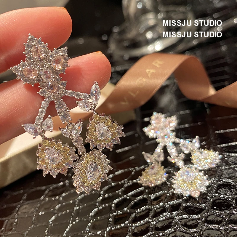 925 Silver Needle Drop Earrings For Women Wedding Accessories Engagement Long Flower Water Drop Gorgeous Bridal Fine Jewelry