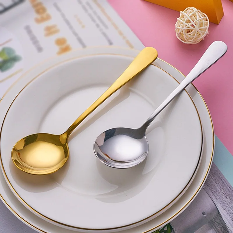 Stainless Steel Dessert Spoon Long Handle Soup Scoop Light Luxury Round Head Household Tableware Mixing Spoon Dinnerware Hot Sel