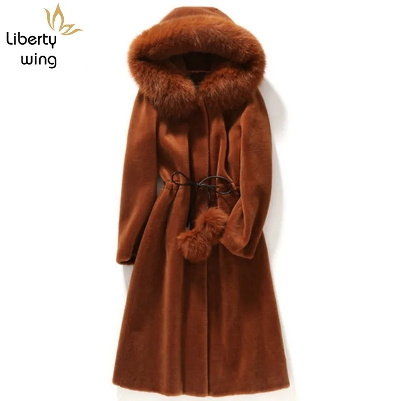 

2020 Real Long Coat Female Natural Sheep Shearing Overcoat With Genuine Fox Fur Collar Hooded Wool Winter Warm Jacket Women