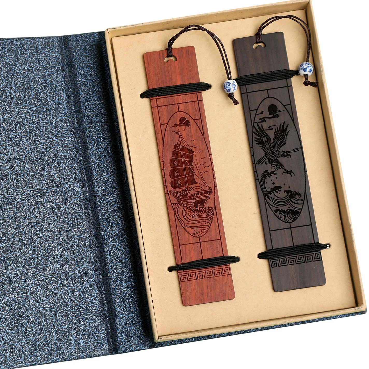 Handgemachte Holz Lesezeichen Geschenk Box Set, Lesezeichen mit Blau und Weiß Porzellan Anhänger, ist EINE Einzigartige Geschenk für Lehrer, Studenten,