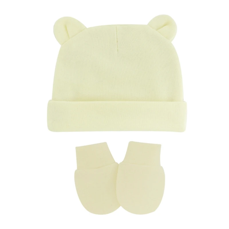 Newborn Baby Cotton Beanies Hospital Hat and Mittens Set Solid Candy Color Stretchy Infant Warm Anti Scratching Gloves 0-1