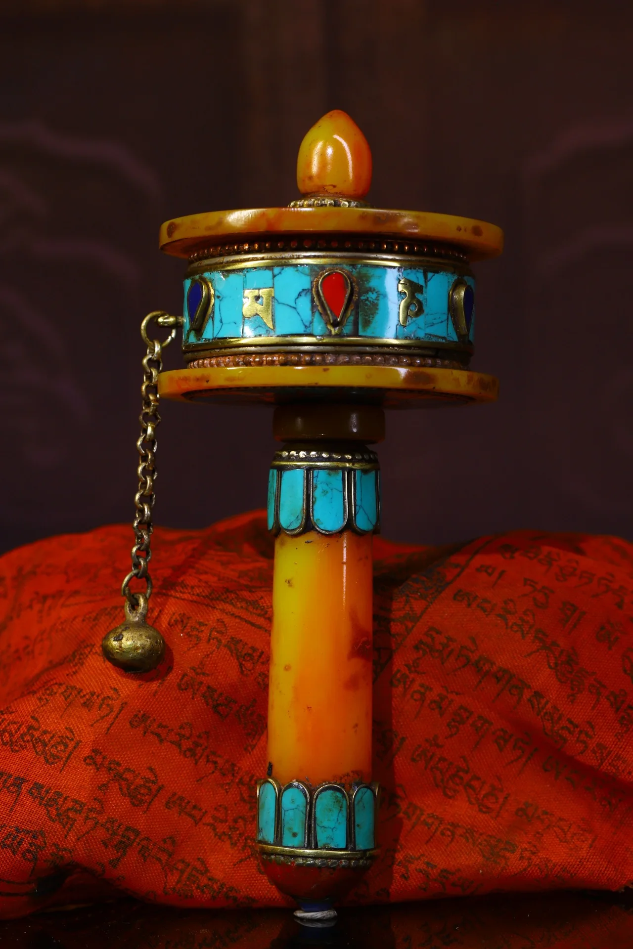 

7"Tibetan Temple Collection Old Beeswax Mosaic Gem Six Word Proverbs Prayer Wheel Amulet Old Scriptures Worship Hall Town house