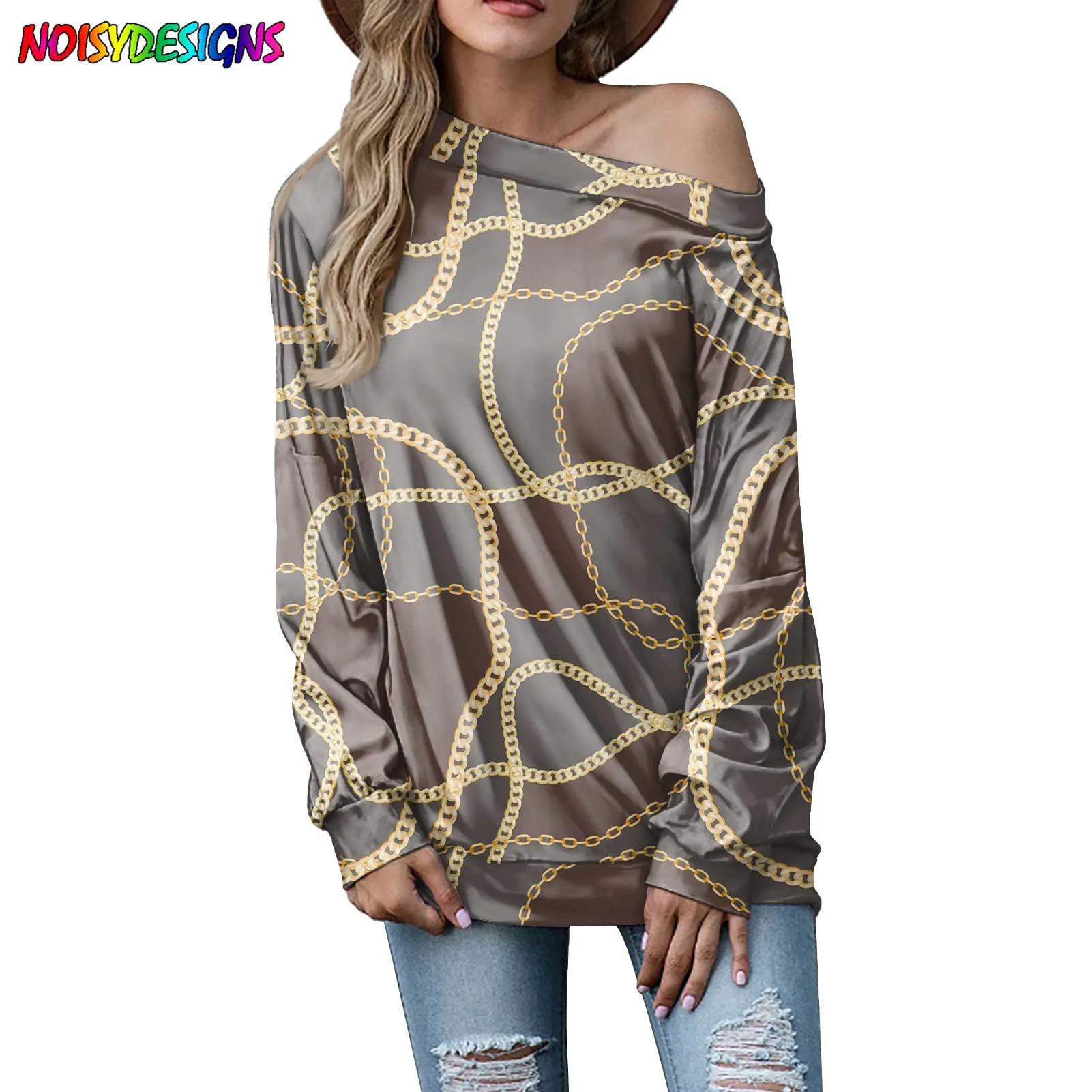 NOISYDESIGNS 2021 shirt with women autumn korean vintage europe golden chain printing loose O-neck long-sleeved t-shirt top