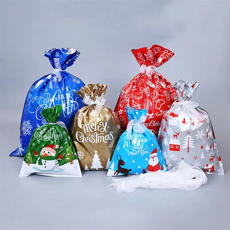 Christmas Gift Wrapping Bag Ribbon Tie Santa Candy Bag Drawstring Treat Bag Plastic Packaging Bags Party Wedding Candy Bag