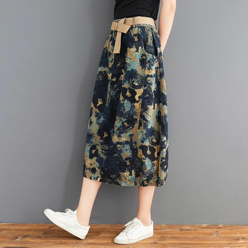 Print Ethnic Women\'s Jean Long Skirt With Belt 2024 Summer Streetwear Elastic Waist Vintage A-Line Denim Skirts Feminina