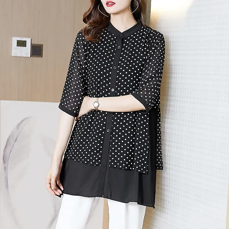 Summer Women Dots Print Chiffon Shirts Blouses Fake Two Pieces Large Size Loose Temperament Tops Mid-Length Blusas MM0316