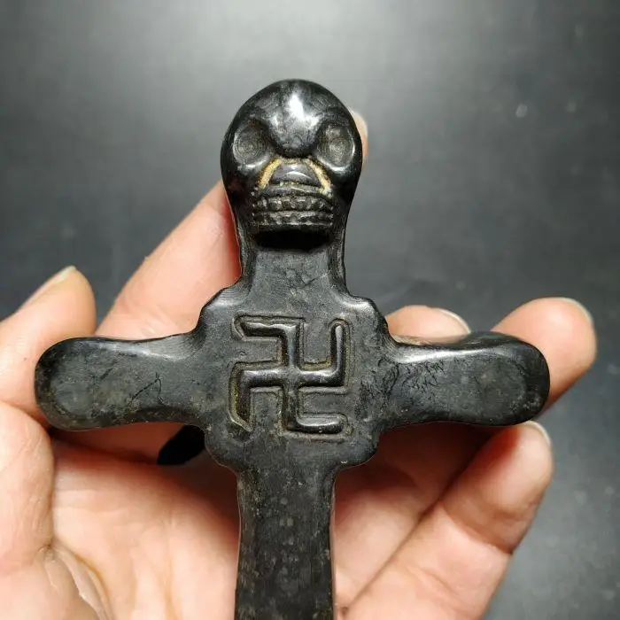 Hongshan Culture Archaize Black Iron Meteorite Sculpture Cross Statue Ancient Chinese Artifacts Replication Metal Work