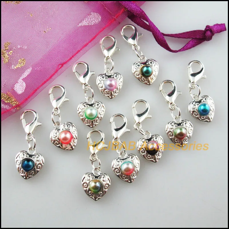 10 New Heart Flower Charms With Lobster Claw Clasps Multicolored Mixed Beads Silver Plated