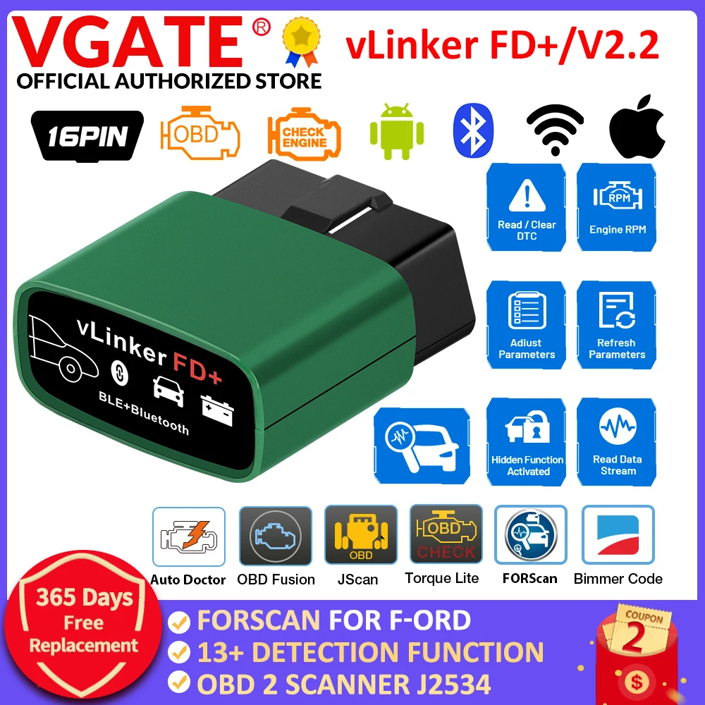 Vgate vLinker FD+ ELM327 Bluetooth-compatible 4.0 FORScan wifi OBD2 Car Diagnostic OBD 2 Scanner J2534 Auto Tool For Ford