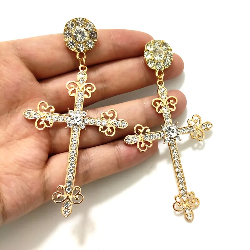 KUGUYS Showily Cross Dangle Earring for Women Drop Metal Crystals Gold Color Long Religious Classic Jewelry Vintage Accessories