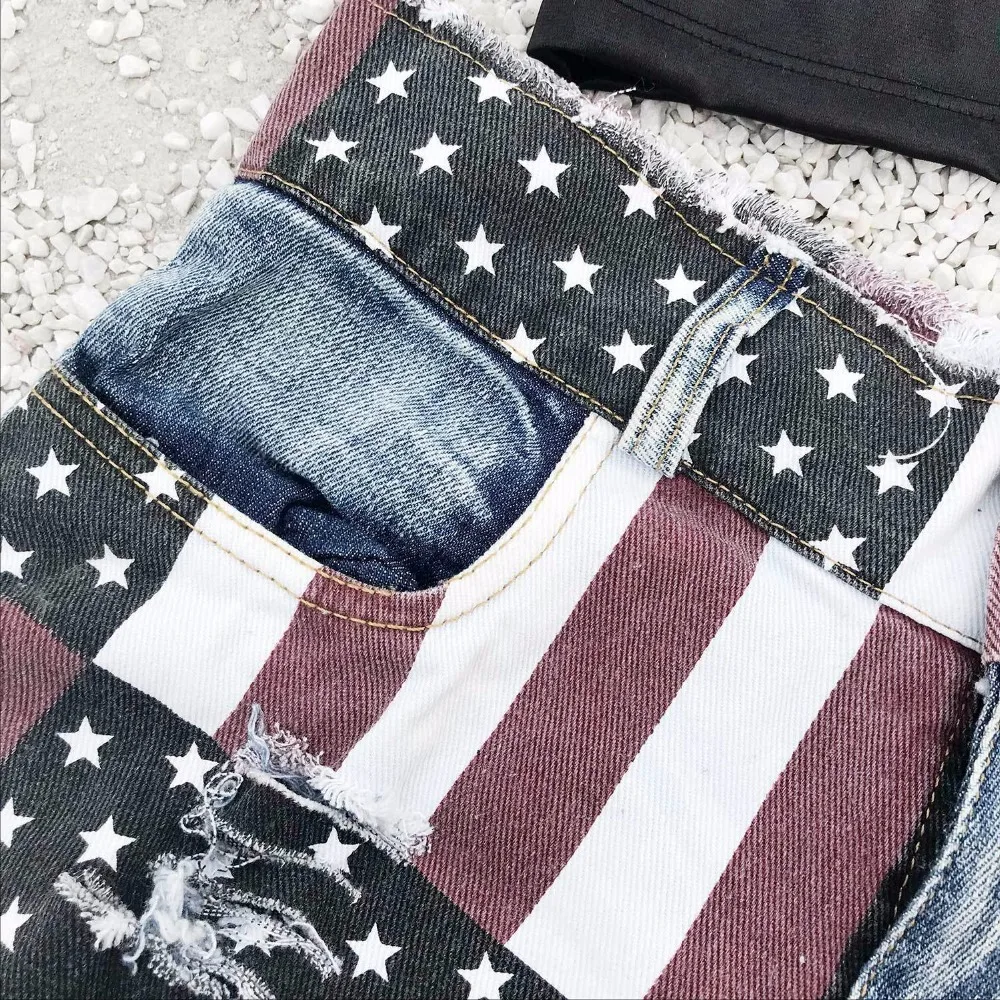 New 2020 Sexy Women\'s High Waist Hole Daisy Duke Ripped Denim Shorts American Flag Printed Denim Thong Shorts