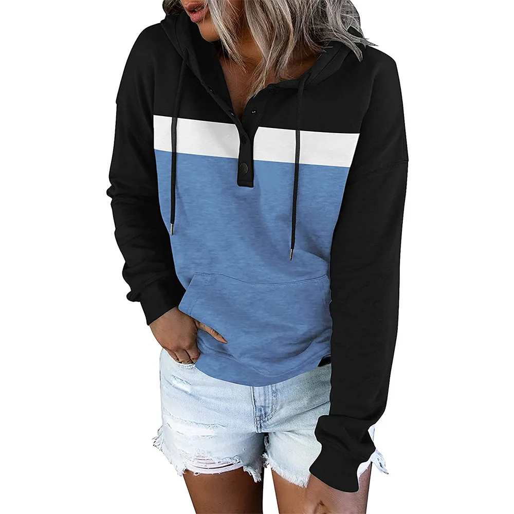 Women's 2021 Autumn and Winter New Women's Color Matching Hoodie Button Collar Sweater